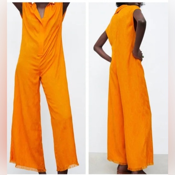 ZARA orange jacquard print full length jumpsuit size small - Picture 2 of 13